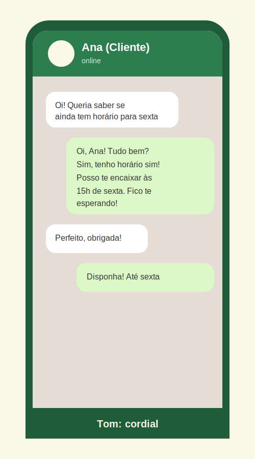 Exemplo de conversa cordial confirmando horário no WhatsApp