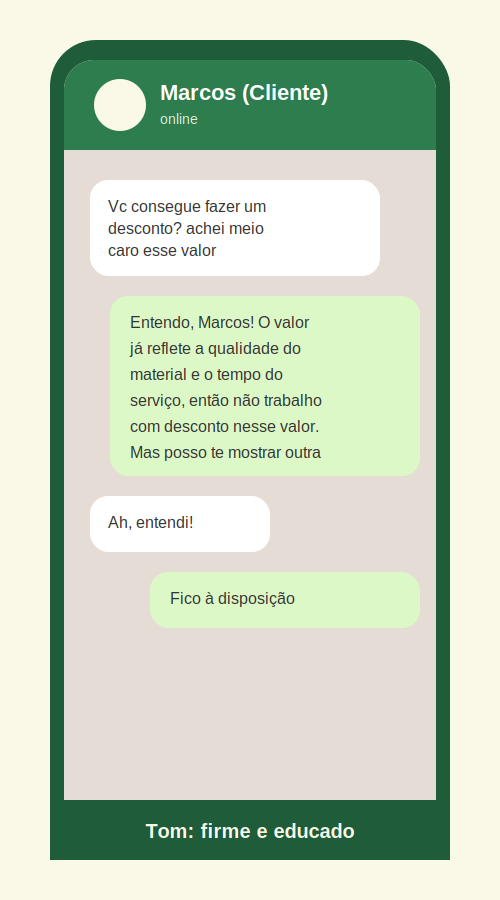 Exemplo de conversa firme respondendo pedido de desconto no WhatsApp