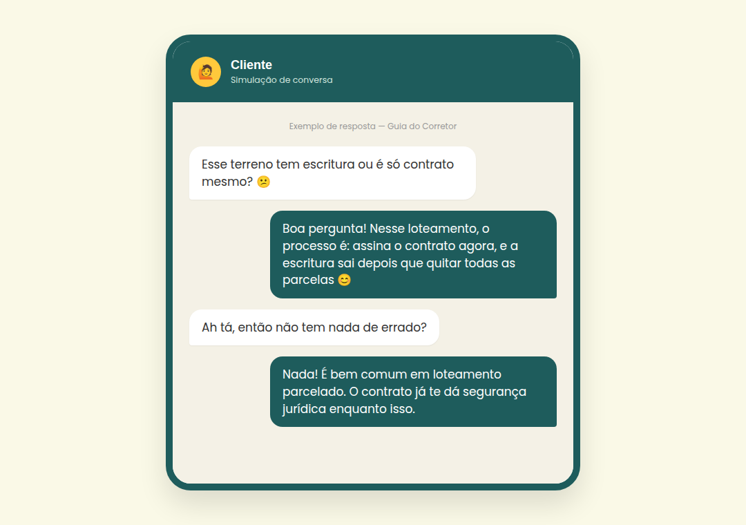 Exemplo de conversa: corretor explicando ao cliente sobre escritura e contrato de compra e venda