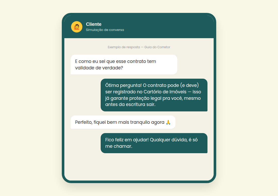 Exemplo de conversa: corretor explicando ao cliente sobre validade do contrato registrado