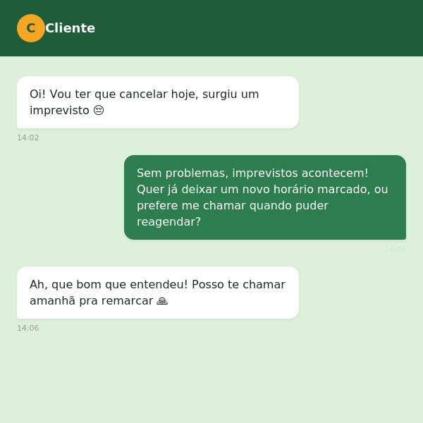 Exemplo de conversa respondendo com cordialidade a um primeiro cancelamento de última hora