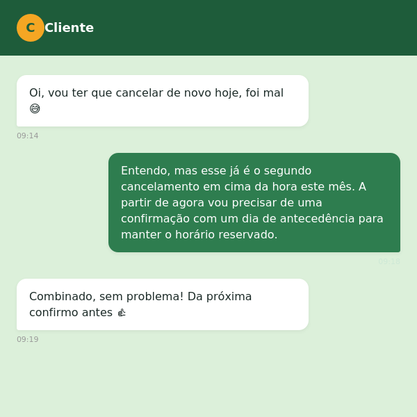 Exemplo de conversa com tom mais firme sobre política de cancelamento recorrente