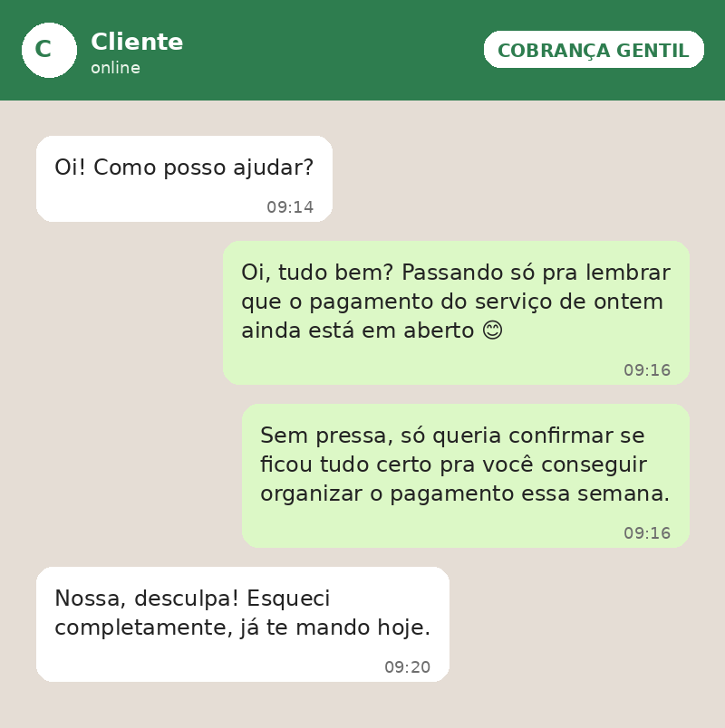 Exemplo de conversa de cobrança gentil, primeira mensagem de lembrete de pagamento