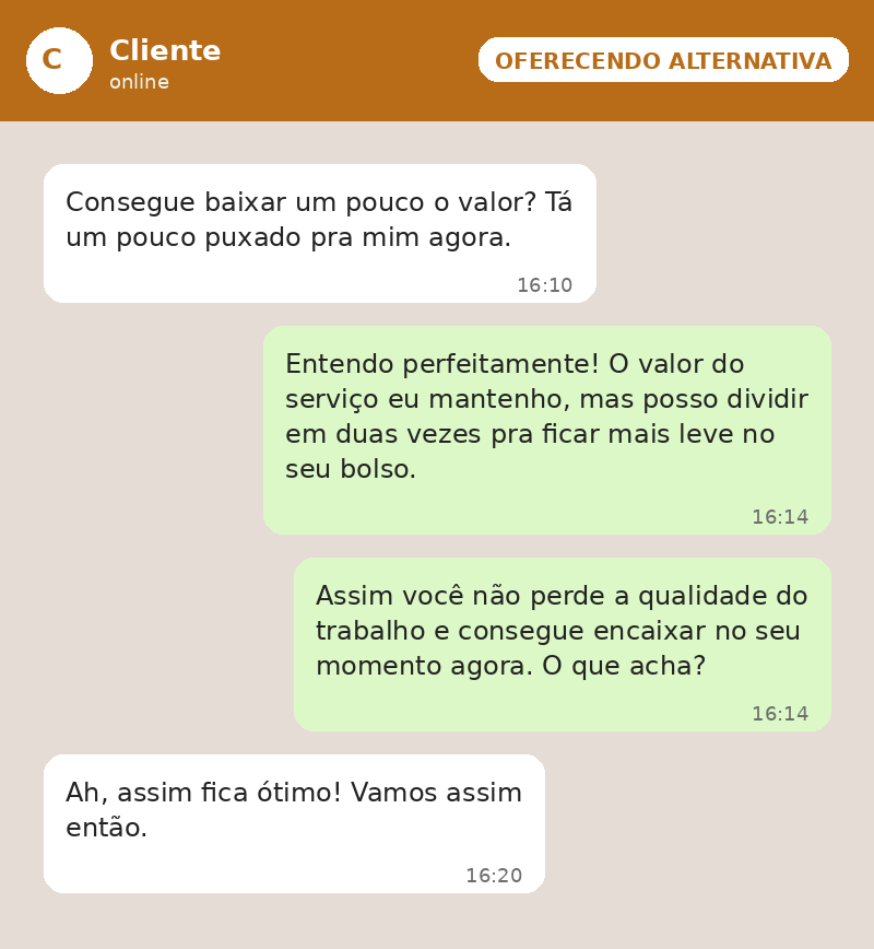 Exemplo de conversa oferecendo parcelamento como alternativa ao desconto pedido pelo cliente
