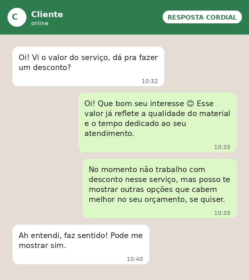 Exemplo de conversa respondendo pedido de desconto de forma cordial, mantendo o valor do serviço