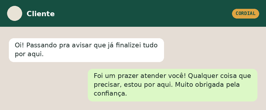 Exemplo de conversa de despedida educada com cliente, tom cordial