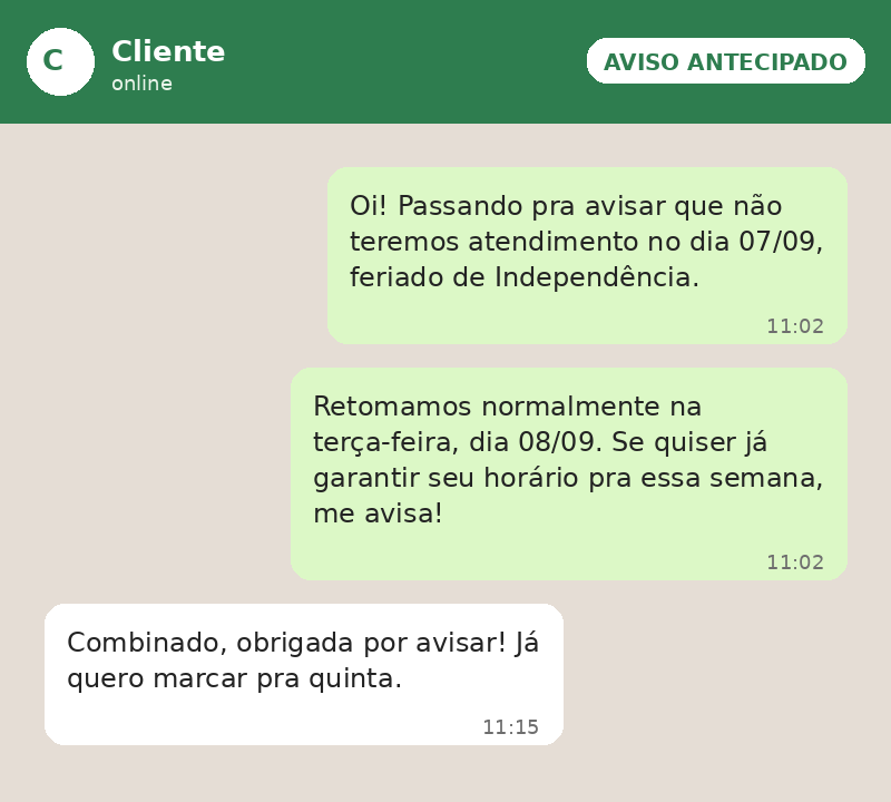 Exemplo de conversa avisando cliente com antecedência sobre o feriado e retorno do atendimento