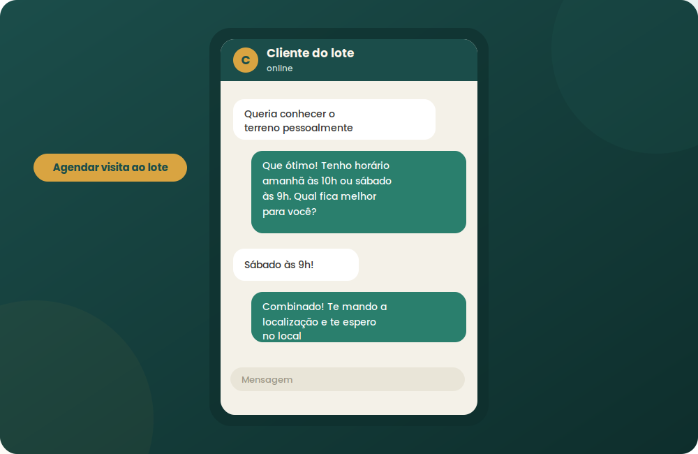 Exemplo de conversa de WhatsApp agendando visita ao lote com o cliente